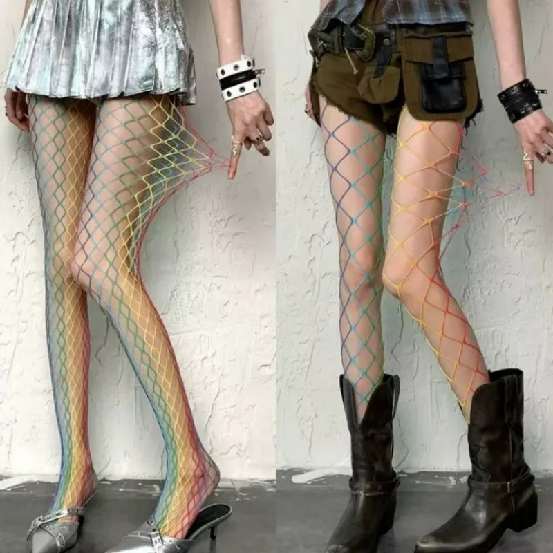 Gothic Punk Fishnet Stockings Rainbow Gradient Tights Y2K Dopamine Hollow Out Mesh Pantyhose Harajuku Style Party Leggings Women