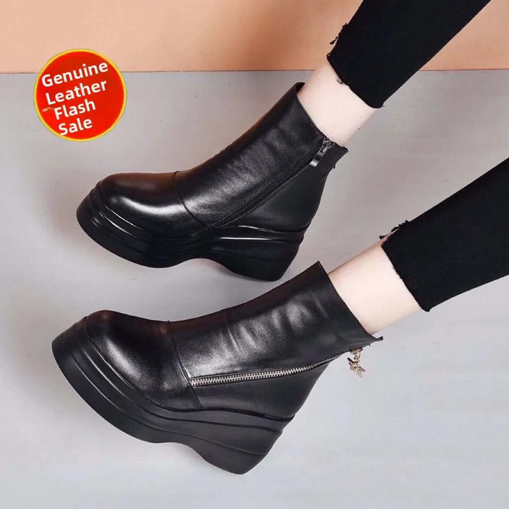 

Теплые ботинки на флисовой подкладке, на высоком каблуке, из мягкой кожи, женские короткие ботинки в корейском стиле, осень-зима, новинка