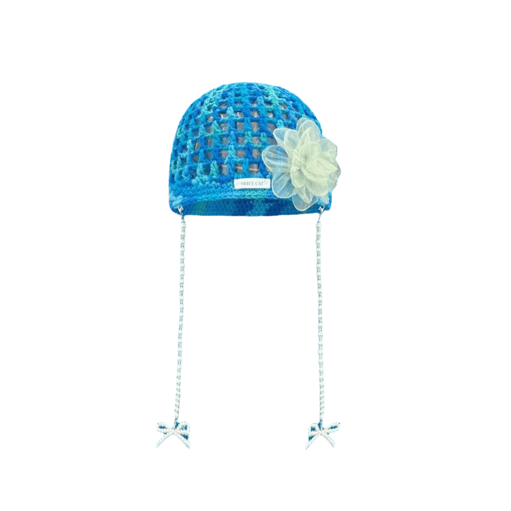 

Bohemian Style Crochet Tassel Beanies Hat Dopamine Color Hollow Flower Pullover Cap Weave Handmade Bow Pearl Beanie Cap