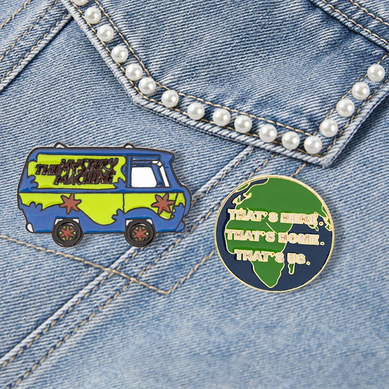 

THE MYSTERY MACHINE Cartoon Travel Bus Car Enamel Pins Environmental Green Earth Brooch Shirt Bag Lapel Pin Funny Badge Jewelry