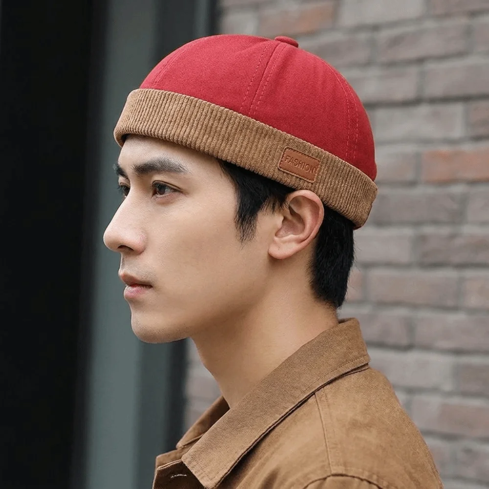 Fashion Corduroy Splicing Dome Melon Cap Brimless Adjustable Landlord Hat Beanies Solid Color Docker Hat Streetwear