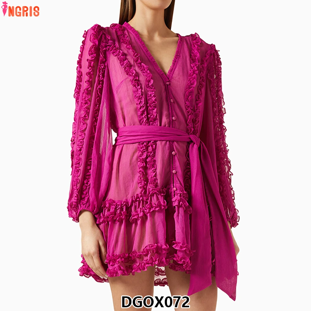 

2025 Spring New Women's Temperament Fashion Bow Tie V-Neck Layered Decoration Ruffle Long Sleeve Dress-DGOX072