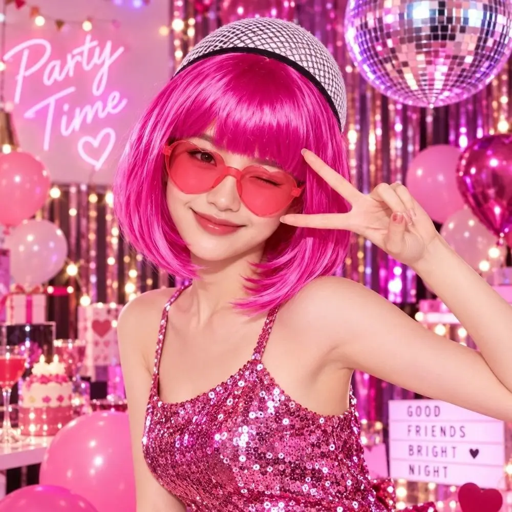 3Pcs Colorful Short Bob Hair Wig Christmas Halloween Cosplay Wig Set with Hairnet and Glasses Party Role-playing Short Hair Wig