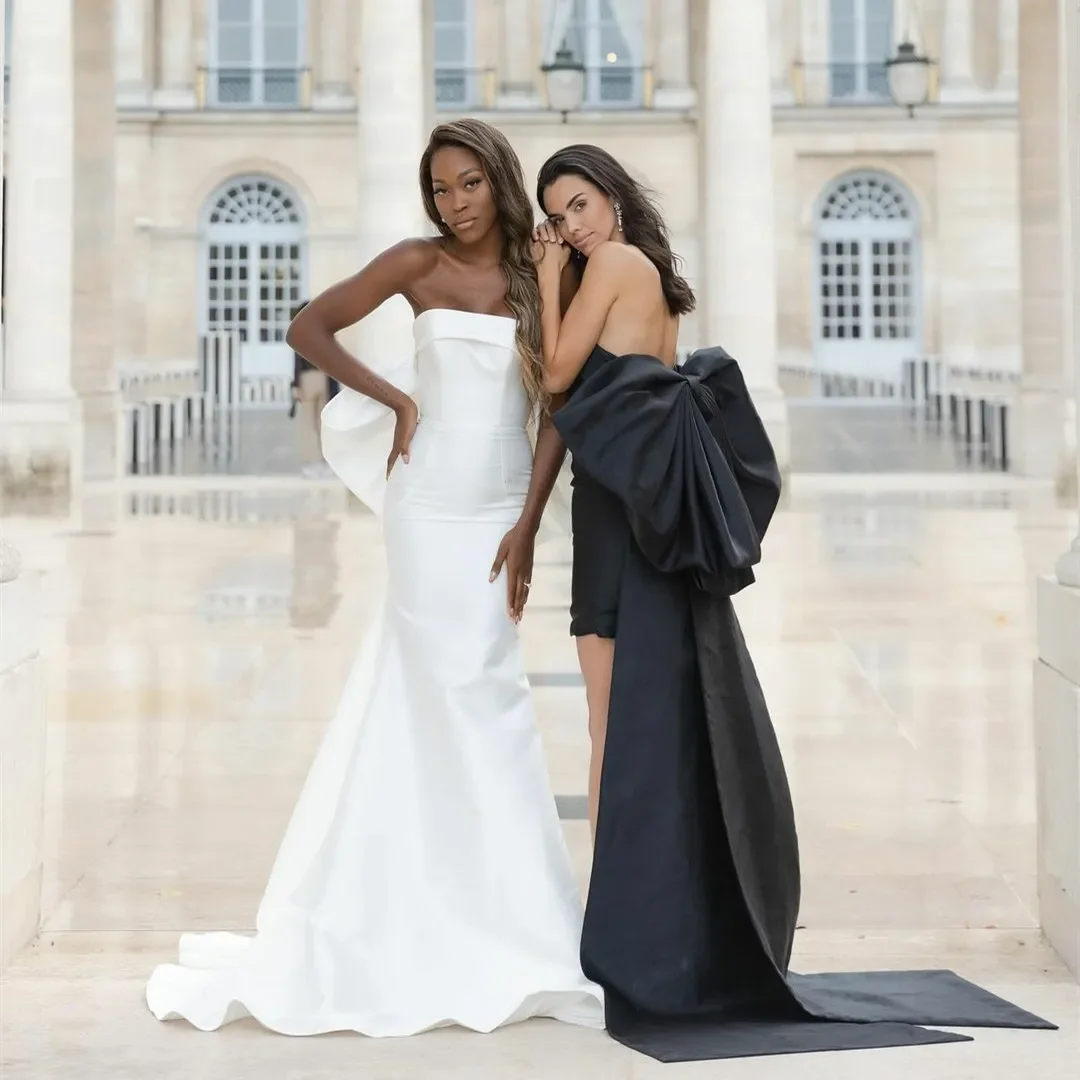 Robe de mariée sirène sans bretelles avec nœud, élégante, sexy, train de balayage, satin, robes éducatives, patients, quoi que ce soit pour les femmes