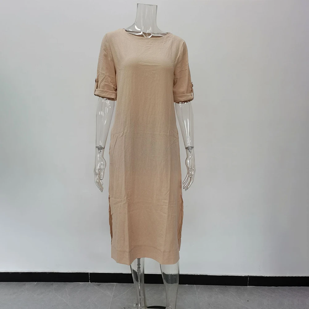 

Summer Ready Crew Neck Cotton Linen Maxi Dress for Women Designed as a Casual Baggy Tunic Loose Sundress Perfect for Warm Days