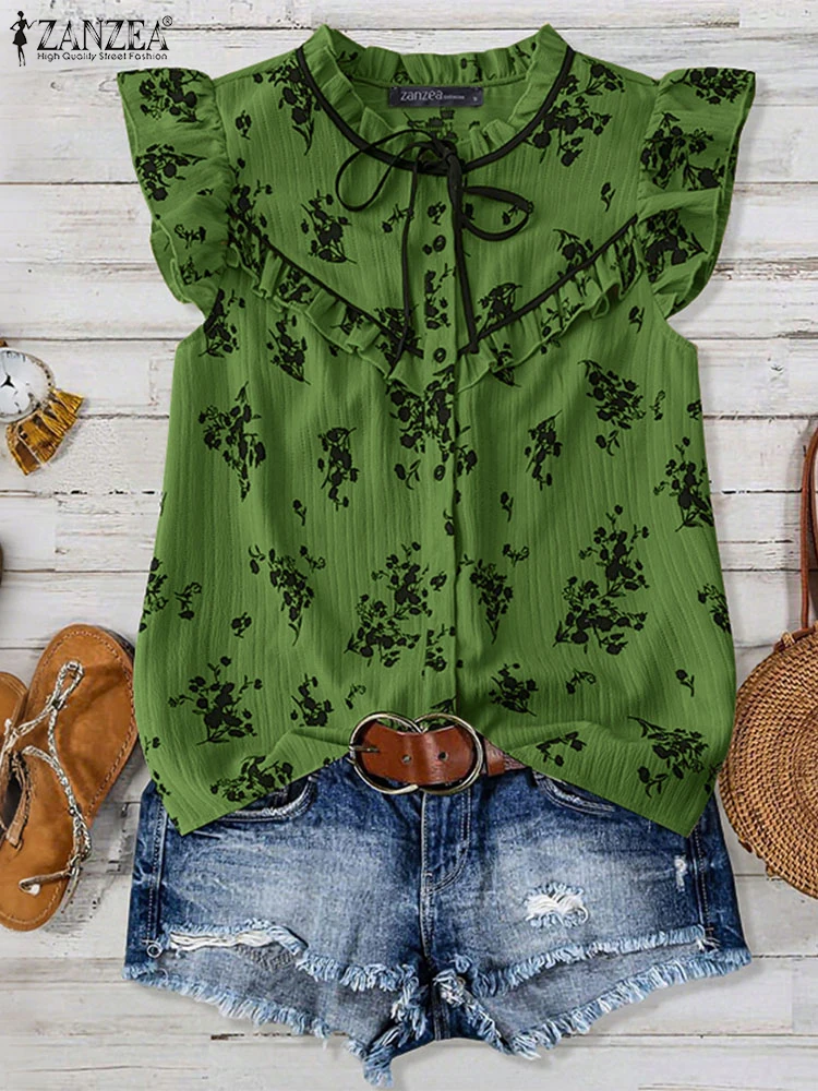 ZANZEA 女性の夏のフリルシャツ 2025 半袖チュニックトップボヘミアン花柄ブラウスヴィンテージファッションボタンカジュアル Blusas
