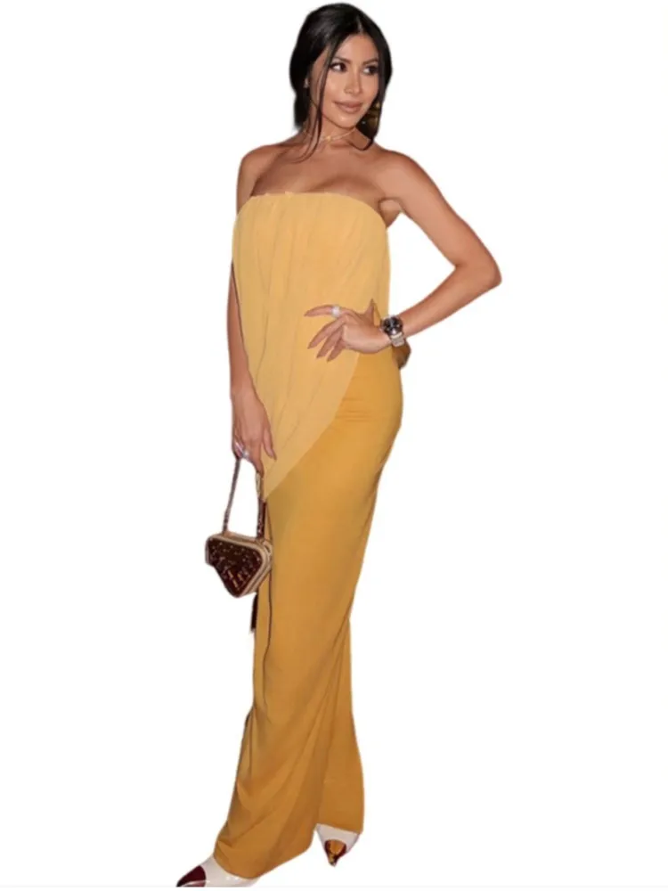 Mouwloze Ruches Patchwork Strapless Bodycon Maxi Jurk Vrouwen Sexy Backless Splice Outfit Party Clubwear Voor Jurken 2025