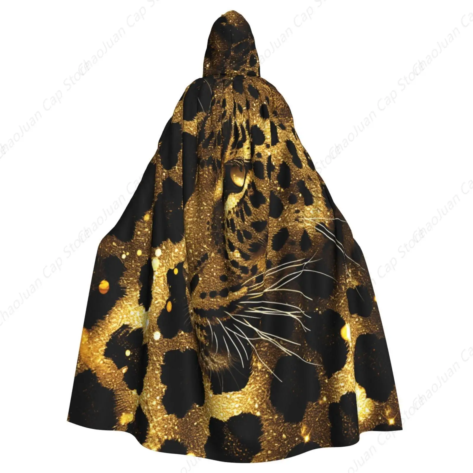 

Золотой, черный блестящий леопардовый принт, накидка с капюшоном для взрослых на Хэллоуин, плащ полной длины, Рождественский карнавальный костюм унисекс