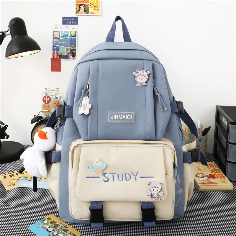 Ransel wanita Harajuku Laptop kanvas tas sekolah untuk gadis remaja Kawaii mahasiswa anak buku tas ransel 4 Pcs Set