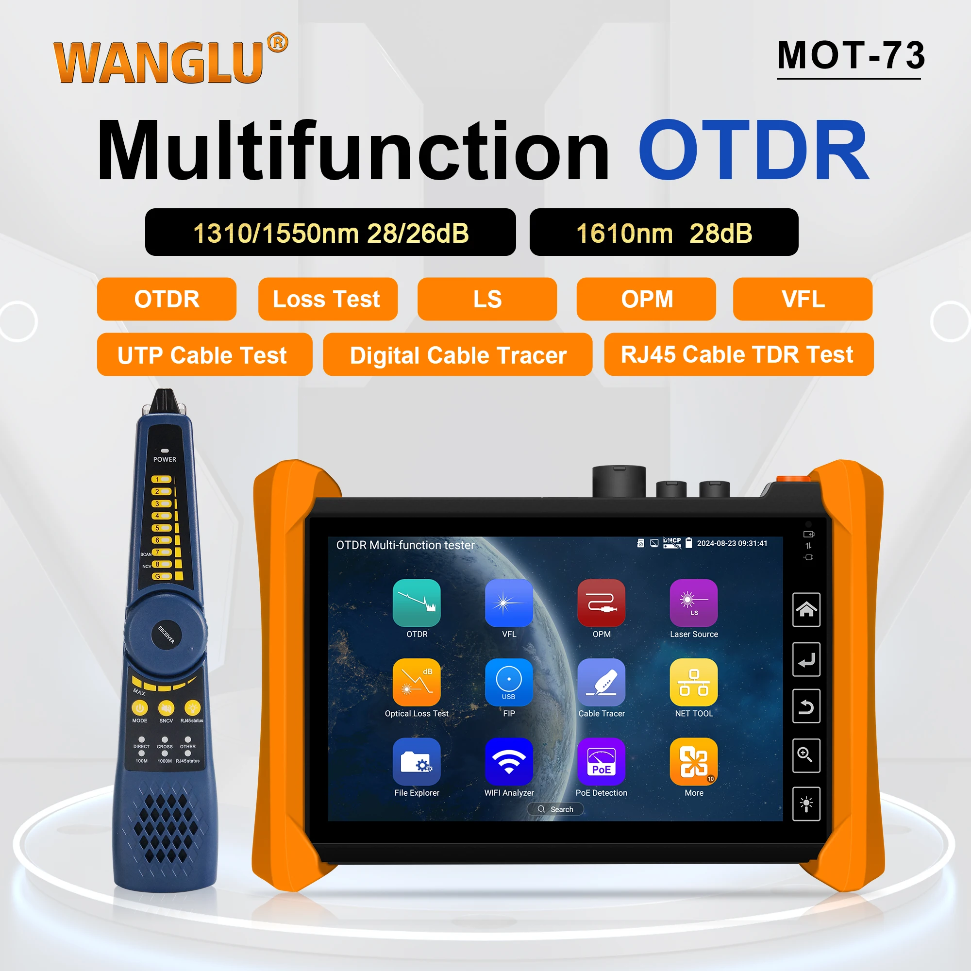 

WANGLU Multi-Function OTDR Fiber Tester Optic Reflectometer 7 inch MOT-73 1310/1550nm 1610nm with OPM VFL LS UTP LAN Event Map