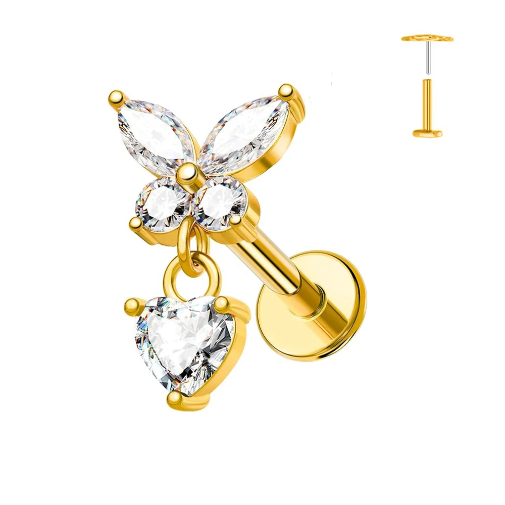 1 Stück Schmetterlings-Herz-Anhänger Piercing-Ohrringe G23 Titan Flache Rückseite Push-In Blumen-Labret-Stud Tragus Knorpel Körperschmuck – Detail 3
