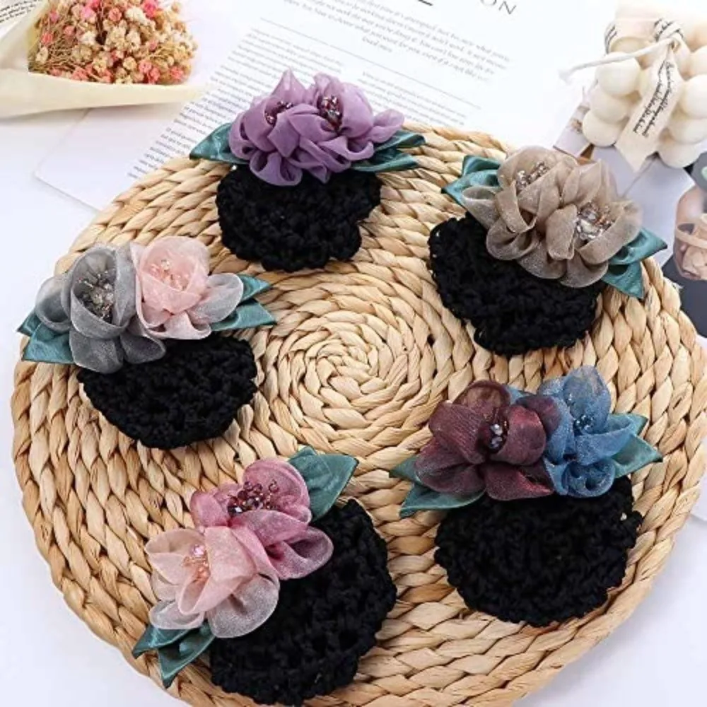 Floral Pattern Flower Hair Clip Breathable Mesh with Bun Cover Hair Securing Accessory Elegant Spring Metal Bun Net Snood