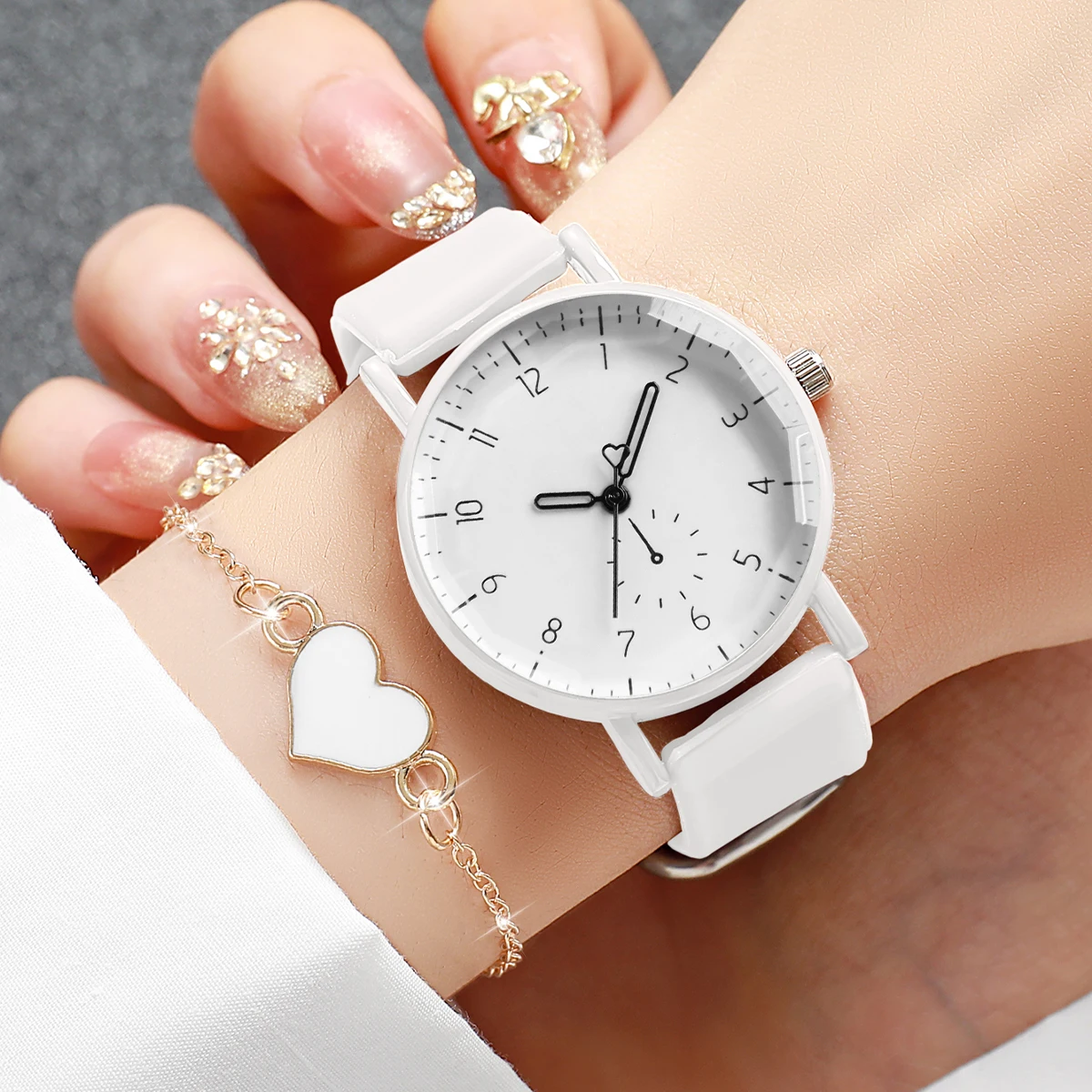 2PCS Fashion Arabic Dial Women Quartz Watch Heart Bracelet Set Casual Silicone Band Ladies Wristwatch Reloj Mujer (Without Box)
