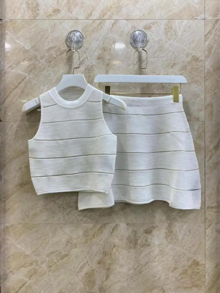Two-piece Knitted Vest Skirt New Fashion All-match Slim-fit Ice Silk Sweet Elegant Suit For Women