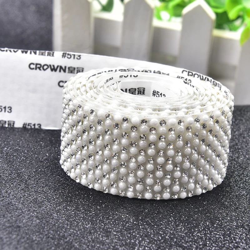 AB Color Self Adhesive Pearl Tape Resin Rhinestone Trim for Wedding Cake Decoration Crystal Applique Iron on Shoes Clothes DIY