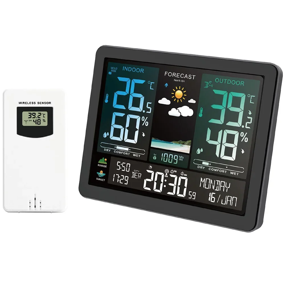 

New Color Screen Multifunction Weather Clock - Displays Sunrise and Sunset Times, Digital Wireless Temperature and Humidity