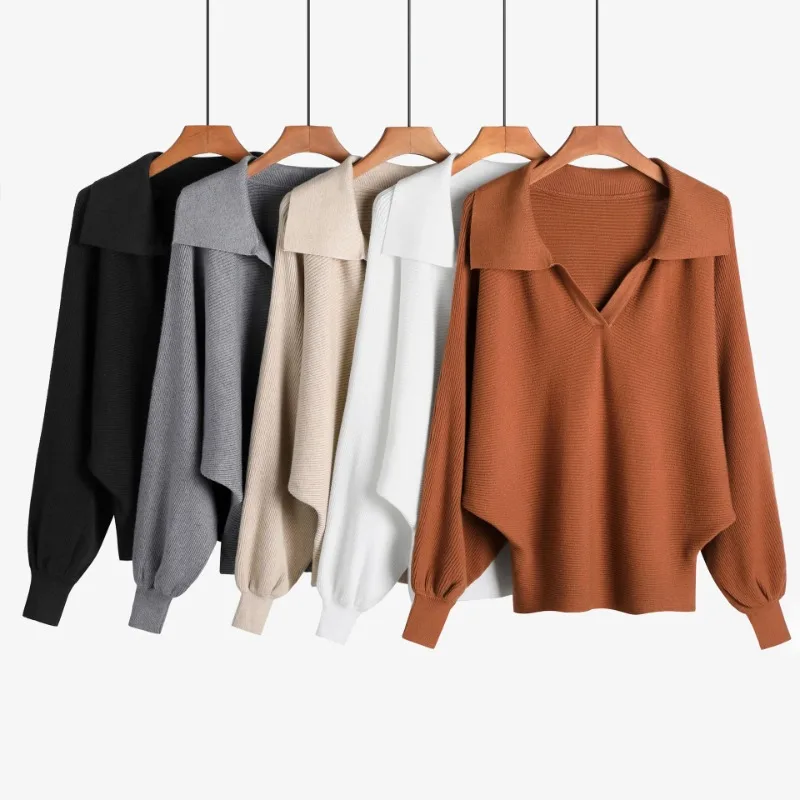 

Осенне-зимний однотонный свитер с воротником, женская свободная трикотажная рубашка с рукавами-фонариками, воротник-поло, большая рубашка «летучая мышь», топ