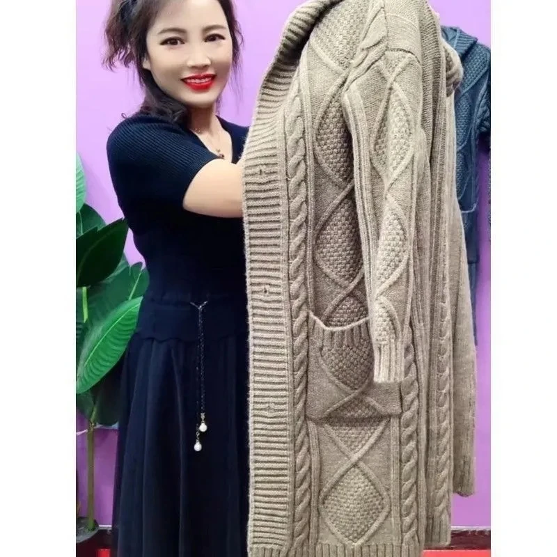 Women's Thickened Knitted Hat Sweater Coat Cardigan Middle-Length Loose Style Autumn Winter Outerwear Casual Commute Style