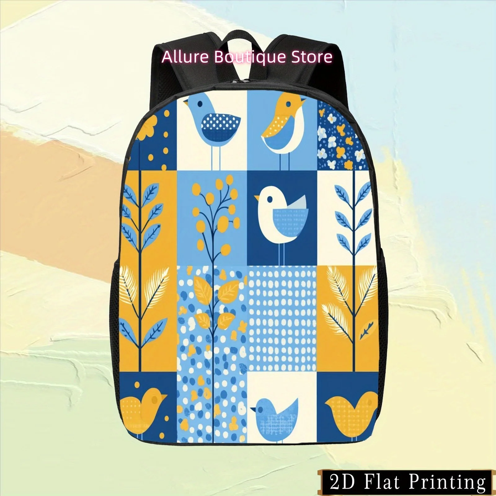1pc Colorful Single-Sided Print Backpack with Blue and Yellow Bird Design, Multi-Functional Zipper Shoulder & Waist Protection D