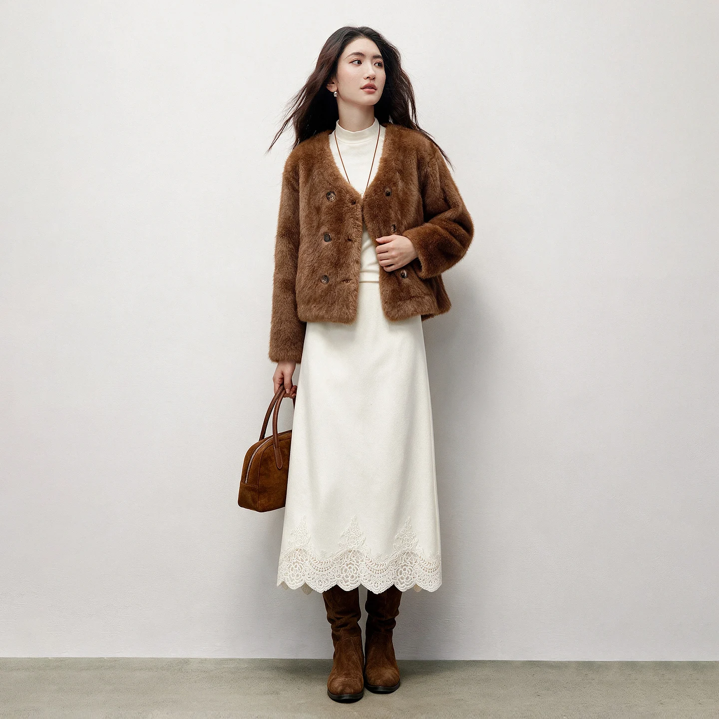 SENTUBILA Women Faux Fur Jacket 2026 Removable Scarf V Neck Winter Short Coat Winter Thick Long Sleeve Plush Outerwear W64WM9553