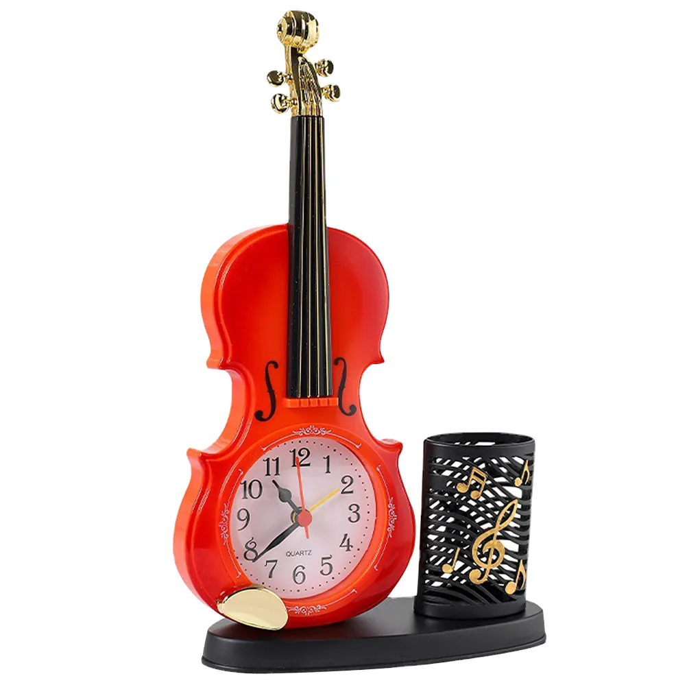 Violin-Shaped Table Clock with Built-in Pen Holder – Desktop Decor for Home, Office, Study Room, Shelf, Mantel