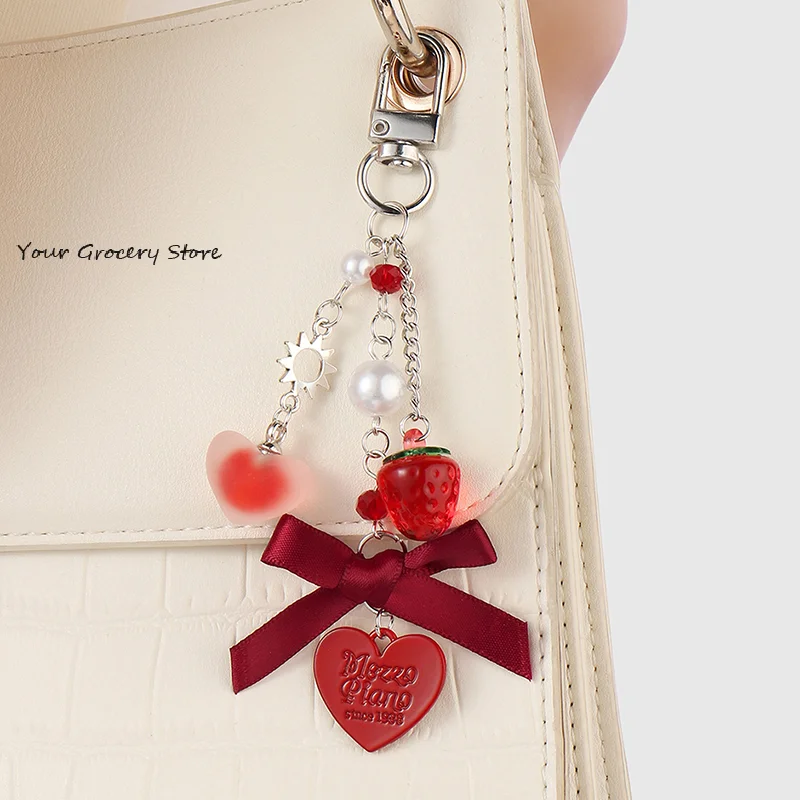 Bow Heart Keychain Cherry Strawberry Charm Pendant Keyring Jewelry For Girl Women Gift Bag Decoration