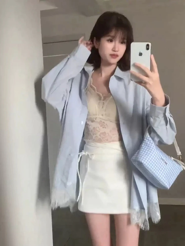 Vacation Style Long Sleeve Lace Shirt Half Skirt Beautiful Back Three Piece Set Spring Summer New Arrival Lazy Style Women's ...