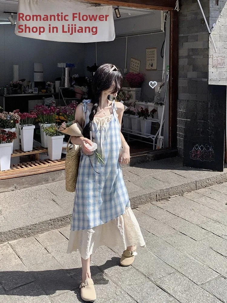 夏チェック柄ストラップドレスレディースミディスカートスタイル通勤ルーズウエストその他素材00%ビッグスイングタイプAラインガウン