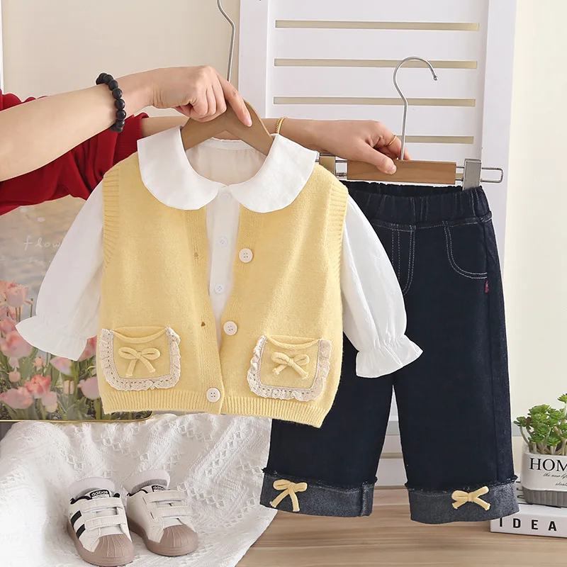 CNUM Spring New Girls' Cardigan Sweater Long Sleeve Three-Piece Set Baby Girl Casual Denim Pants Trendy Outfit Clothing Suits