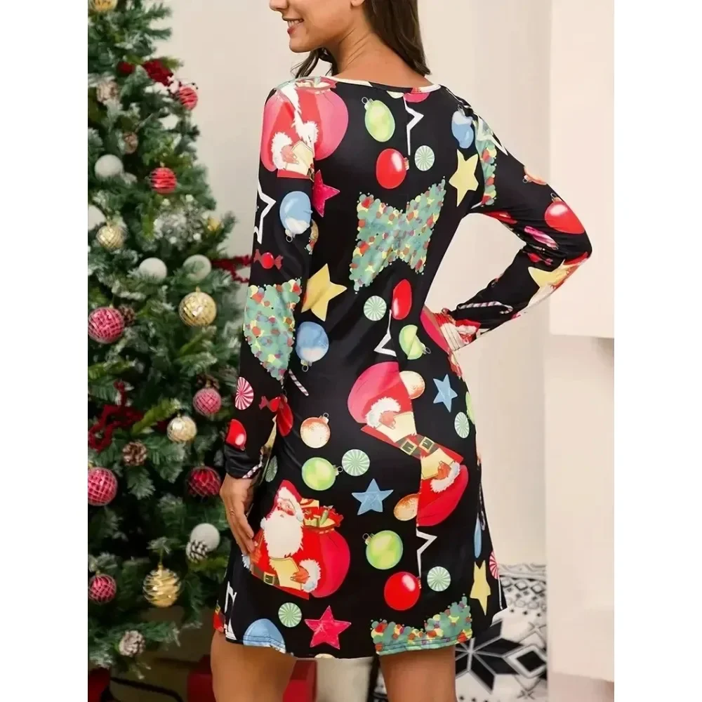 Women\'s XL-5XL Plus  Size Casual Christmas Dress Cute Cartoon Santa Claus Print Long Sleeve Holiday Dress