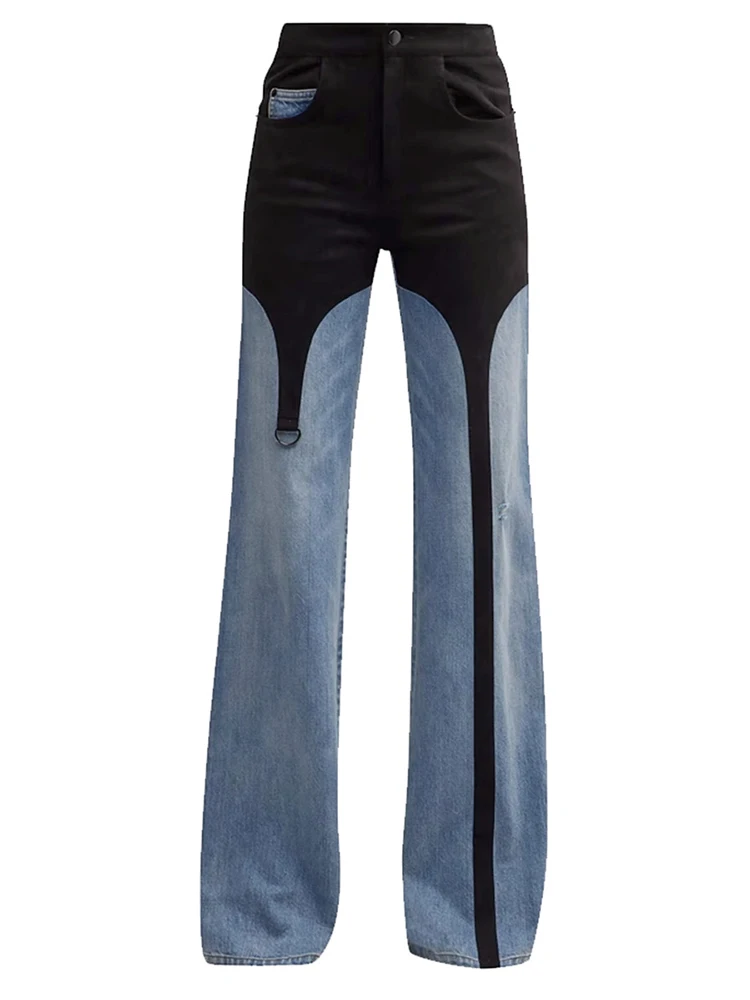 DEAT Fashion Women\'s Denim Pant High Waist Black And Blue Contrast Stitching Floor-length Wide-leg Jeans Autumn 2024 New 7AB763