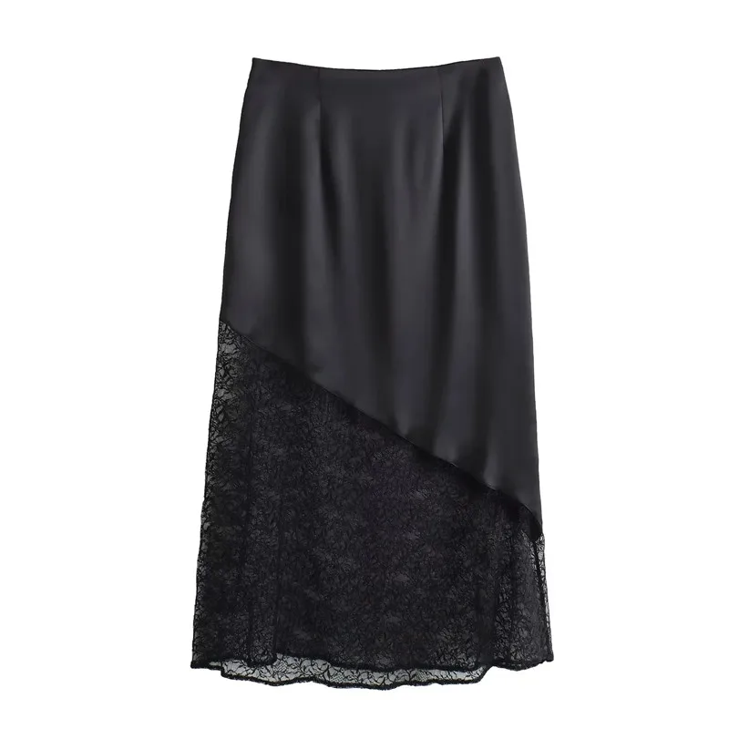 TRAF Lace Satin Skirt Woman Cut Out Black Long Skirts For Women Fashion 2023 Autumn High Waist Midi Chic And Elegant Woman Skirt