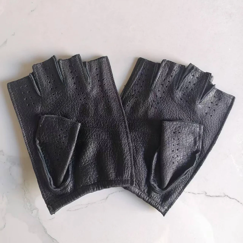 New Mens Leather Gloves Deerskin Gloves Fashion Male Half Fingerless Gloves Fingerless Unlined Non-slip Driving Gloves Mittens