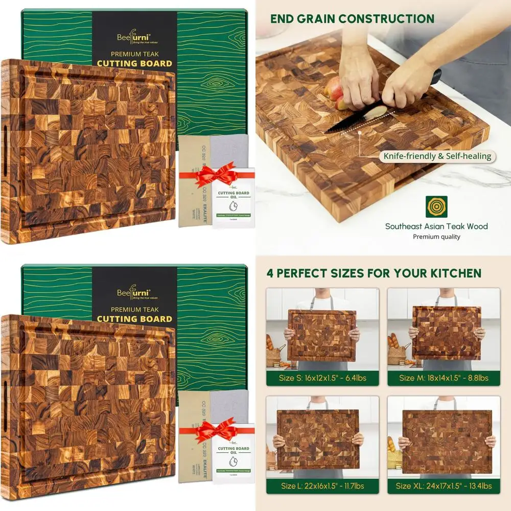 

Durable Teak Wood End-Grain Cutting Board, 18x14x1.5, with Juice Groove and Hand Grips, Ideal for Kitchen, Serving, Charcuterie,