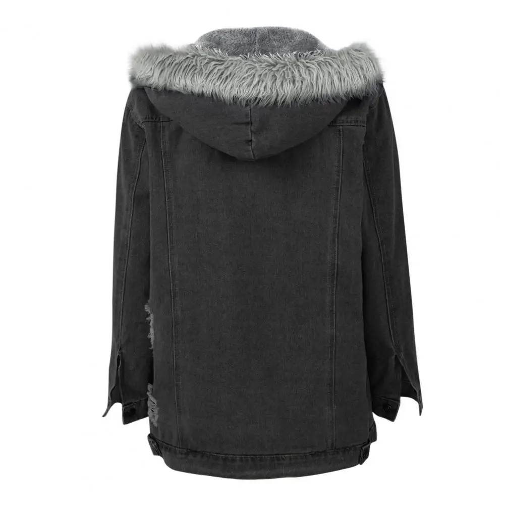 

Hooded Collar Jacket Stylish Winter Women's Denim Coat with Furry Hood Plush Lining Button Closure Windproof Design for Warmth