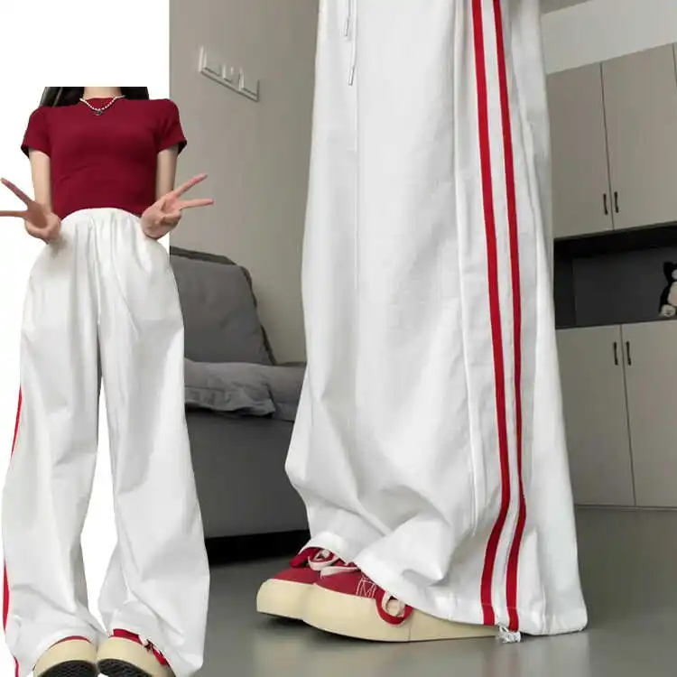 Nuevo 2025, pantalones blancos a rayas Qui Dry para mujer, pantalones finos de seda helada de verano, dos prendas de protección solar, pantalones de pierna ancha sueltos, pantalones coreanos Sle