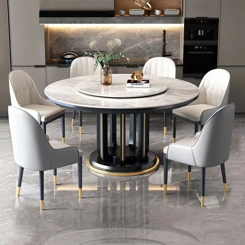 modern Slate dining table chairs simple round light luxury combination table household turntable mesa cocina Kitchen furniture