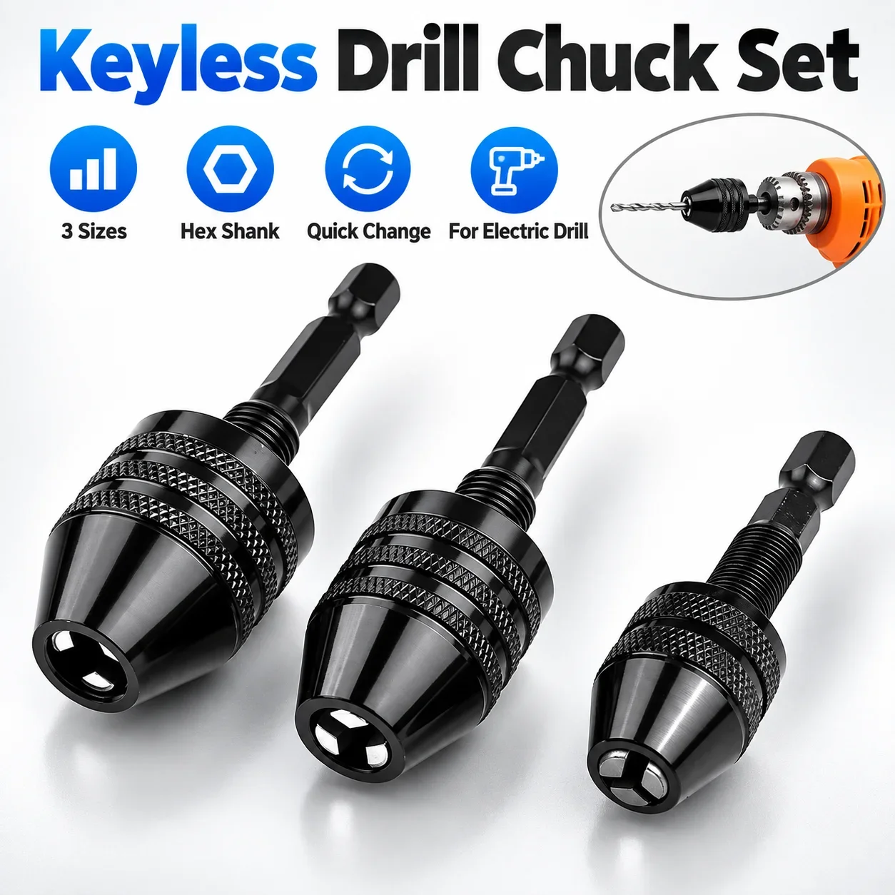 Power Xchange Tools - 小型キーレスドリルチャック 0.3～8mm 自己締め付け式 1/4インチ六角軸 クイックチェンジアダプター 電気ドリル用パワーツール