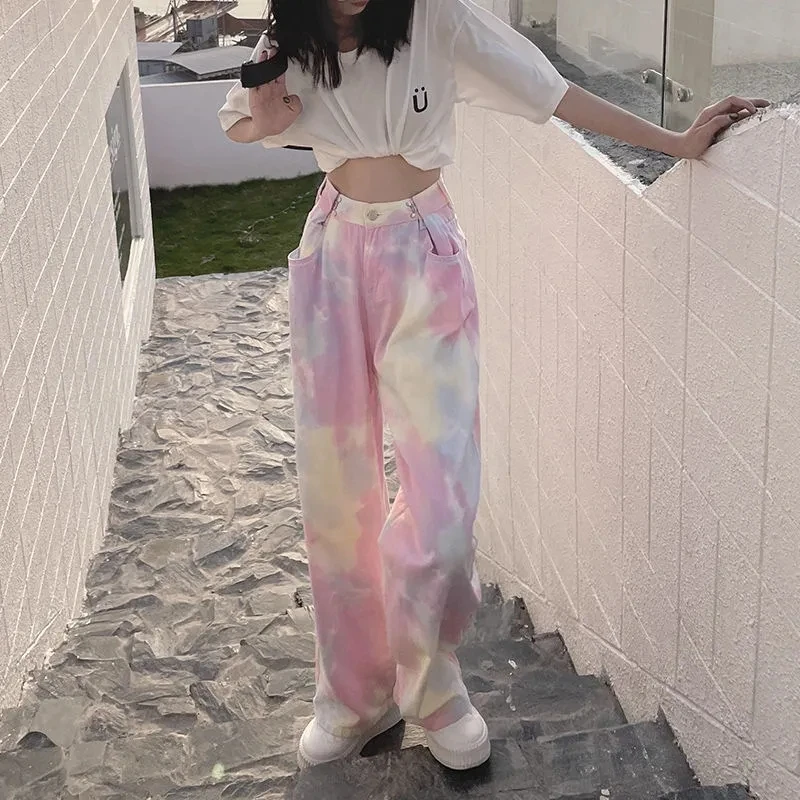 Denim Jeans Women Casual Straight Harajuku Rainbow Loose Chic Street Straight-Leg Pants Retro Female Jeans