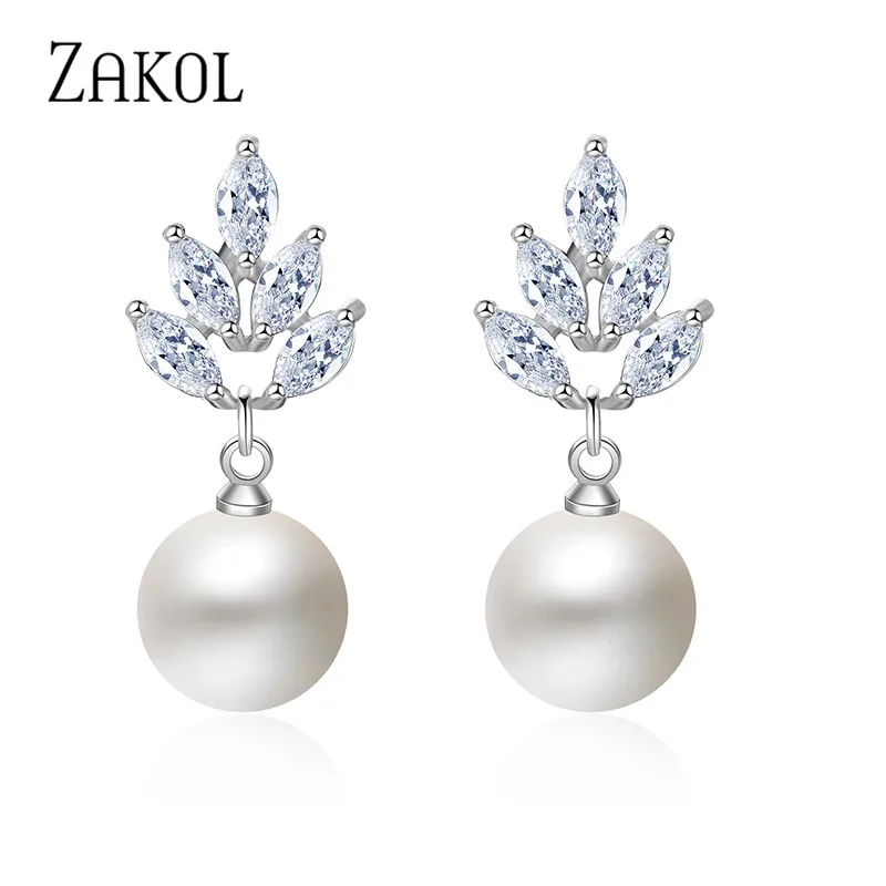 ZAKOL Elegant Cubic Zirconia & Imitation Pearl Leaf Dangle Earrings for Women Fashion Bridal Wedding Party Jewelry FSEP499