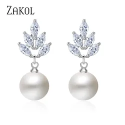 ZAKOL Elegant Cubic Zirconia & Imitation Pearl Leaf Dangle Earrings for Women Fashion Bridal Wedding Party Jewelry FSEP499