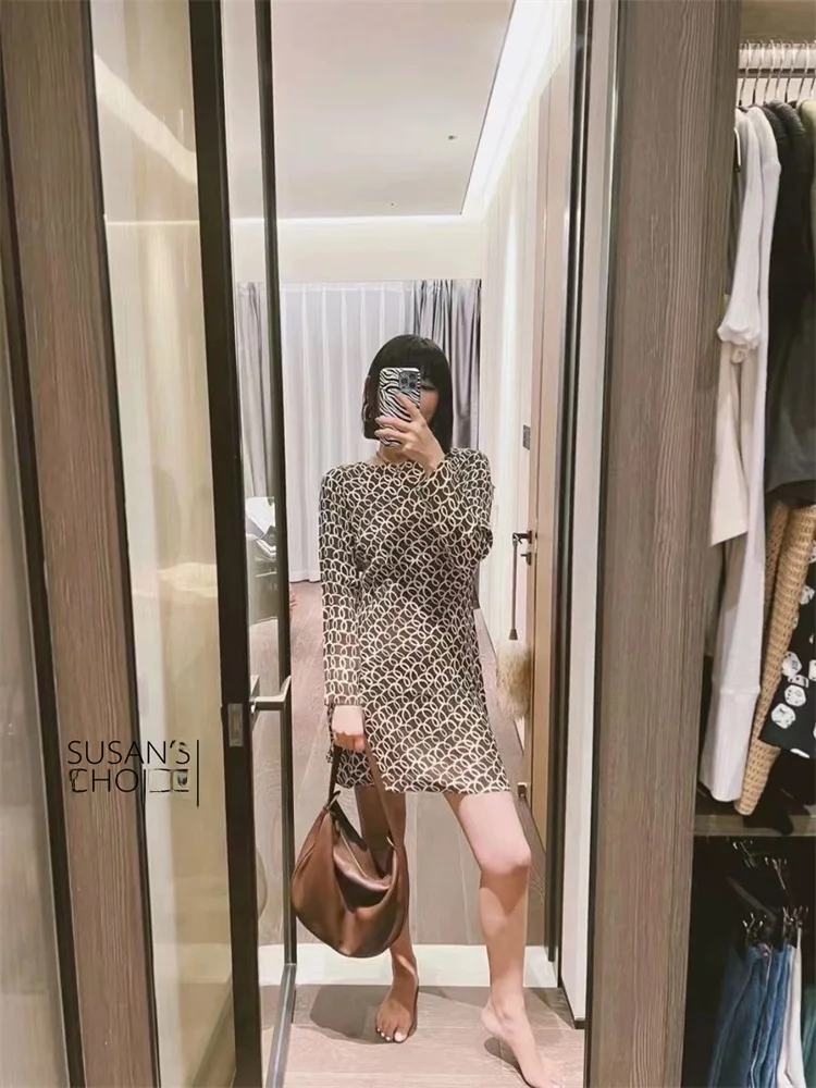 수잔 패셔너블 실크 브라운 프린트 롱 스웨이드 비대칭 드레스 여성용 프렌치 슬레 캐주얼웨어 여름 2025