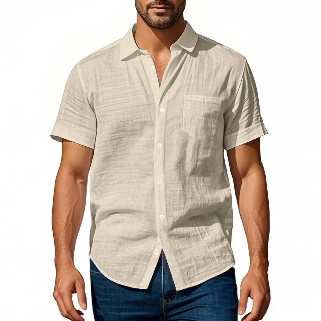 

LIBIELIY Men's Summer New Fashion Turn-down Collar Single Breasted Short Sleeve Shirts Casual Trendy Loose Solid Color Shirts Ma