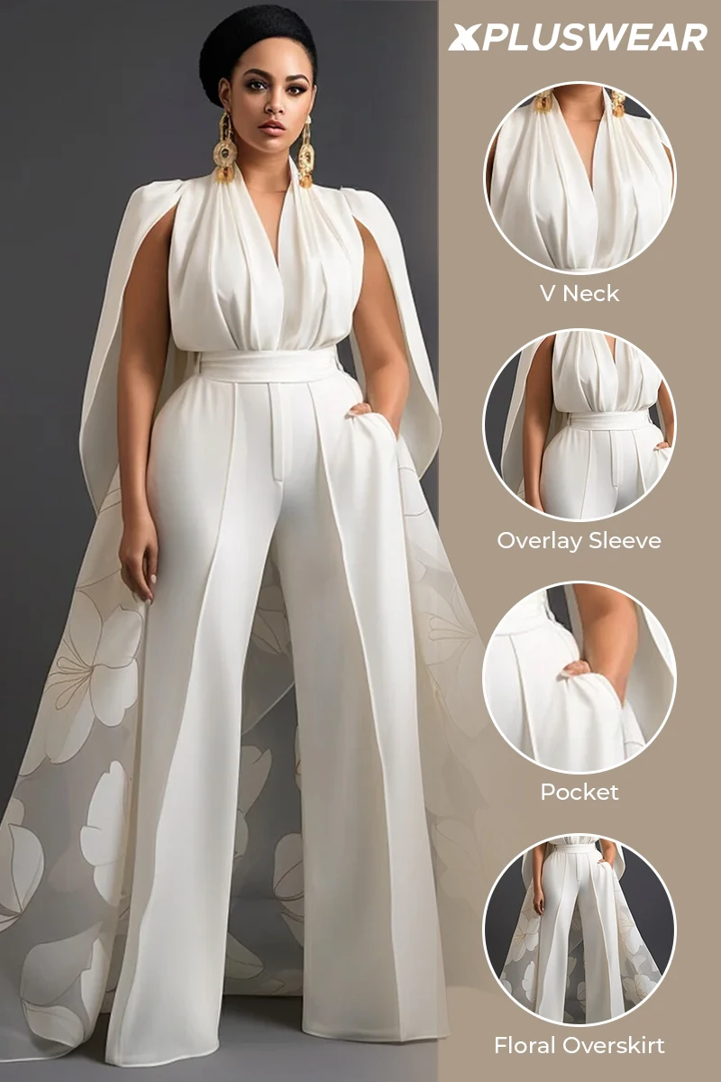 Mono de talla grande para madre de la novia, blanco, elegante, floral, con cuello en V y falda con bolsillo superpuesto