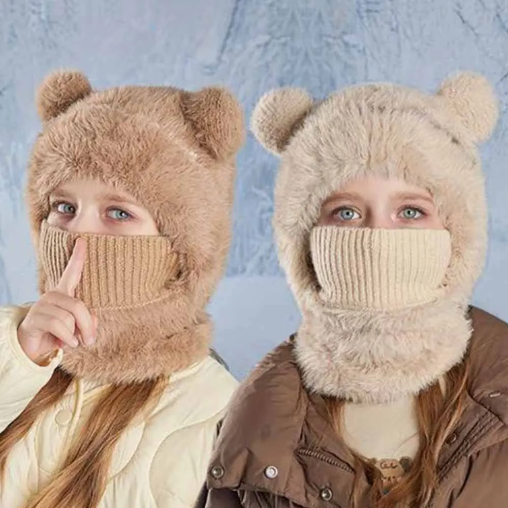 2-8Y Kid's Winter Bear Hat Warm Knitted Hat with Cute Teddy Bear Ear Flaps & Collar Warmers and Toggle Closure for Boy And Girl