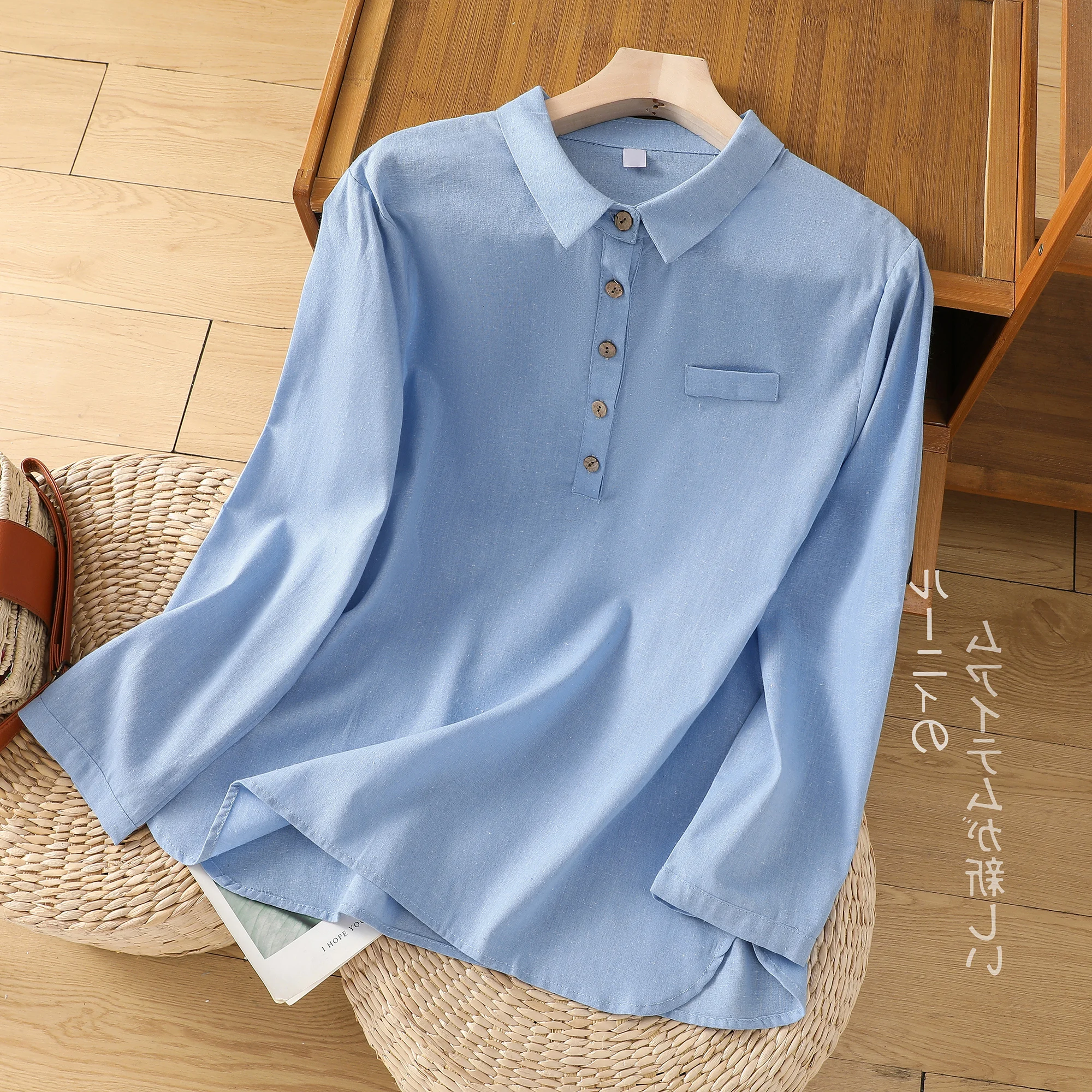 

Синяя длинная све irt однотонная дышащая женская футболка свободного покроя с воротником из хлопка и льна с тонким клетчатым узором