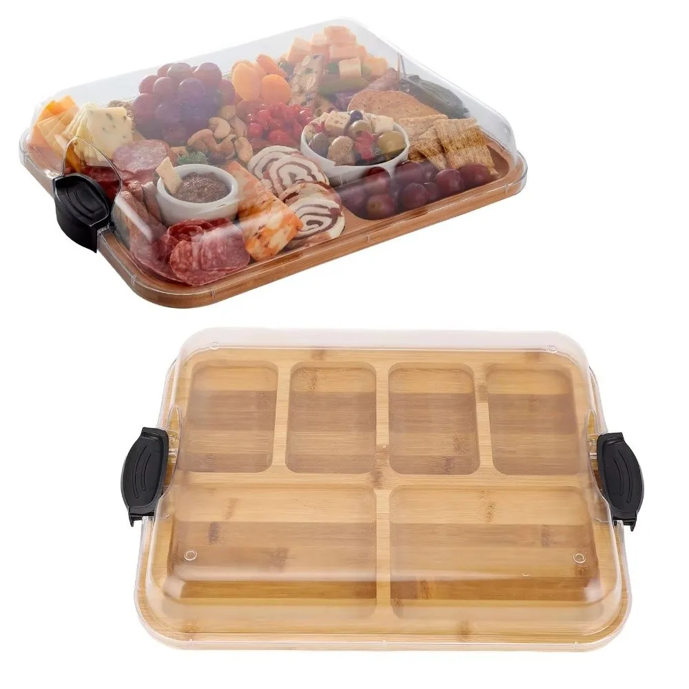 Bandeja de Bambú, Tabla de Charcutería de Madera Cuadrada con Tapa Acrílica Transparente, Plato para Galletas y Aperitivos, Bandeja Resistente para Queso, Ideal para Fiestas