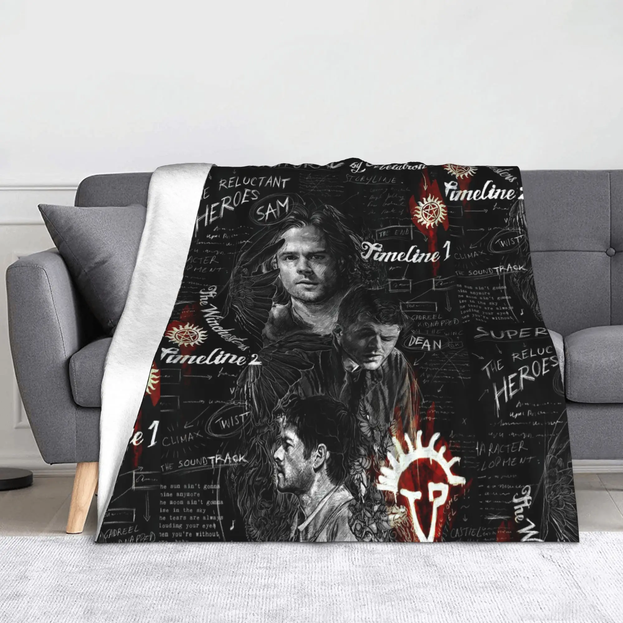 Sam Winchester Dean Winchester Castiel Deckenbezug Samt Supernatural Movie Wings Dünne Überwurfdecken für Schlafzimmer Sofa Steppdecke