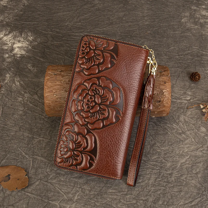 MOTAORA 2025 New Vintage Women's Leather Wallet 3D Floral Clutch Bag First Layer Cowhide Zipper Genuine Leather Ladies Purse