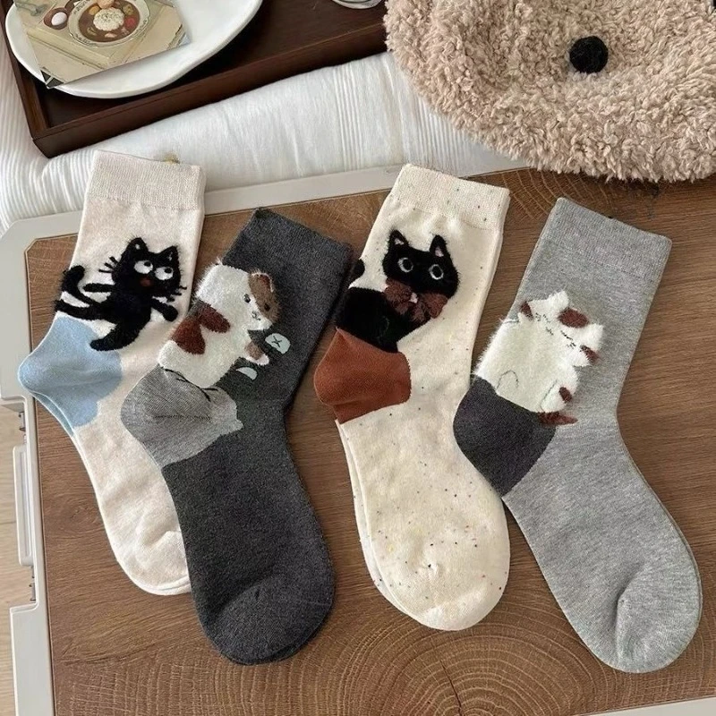 4 pairs of new autumn mid length socks simple sweet cartoon cat casual socks simple  comfortable daily mid length socks